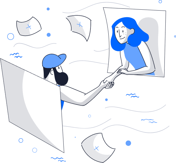 Illustration of two people shaking hands through connected screens, representing JagirKhoj matching people with opportunities